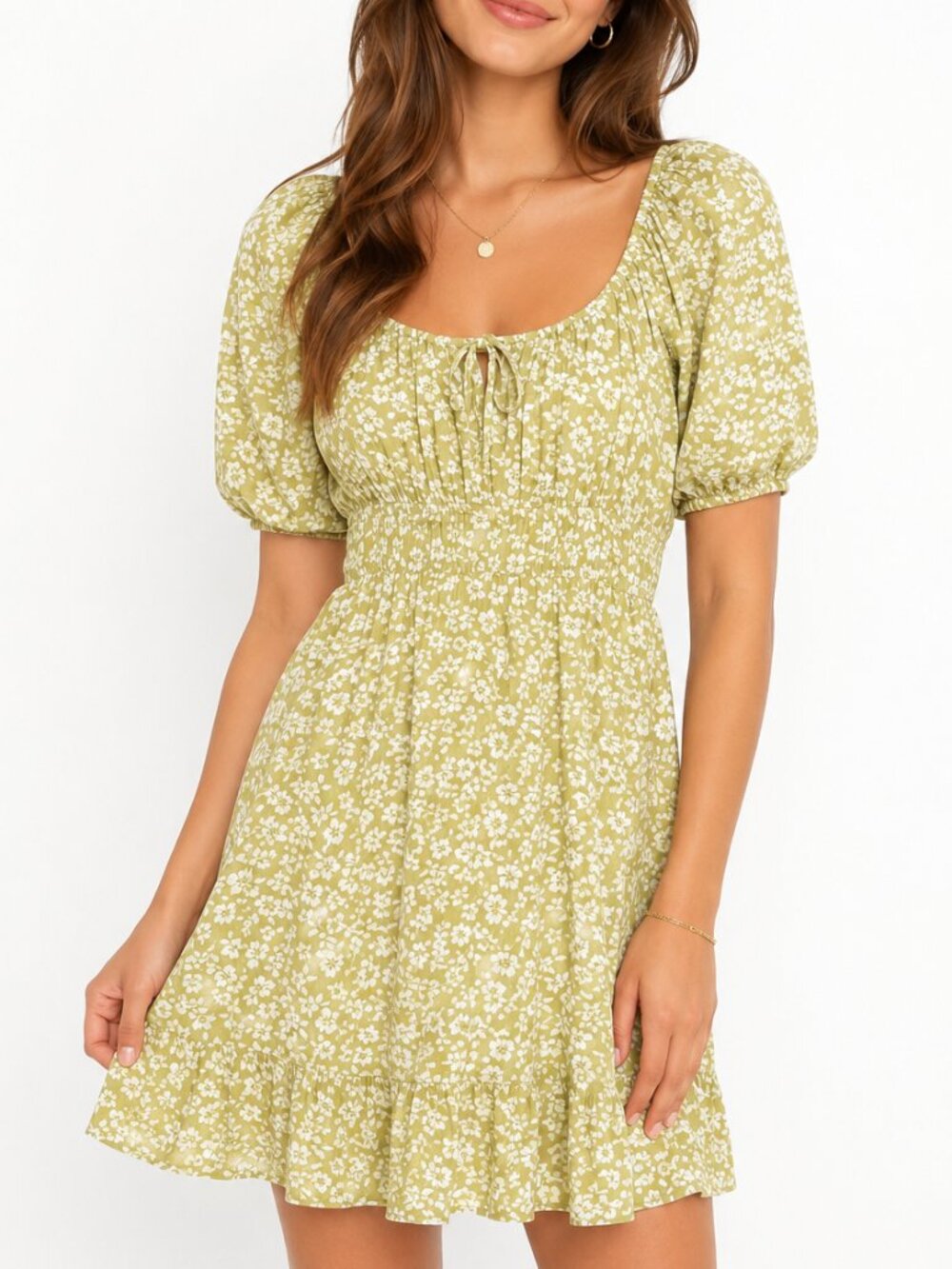 BILLABONG Cabana Floral Puff Sleeve Smocked Mini Dress Green White Size S EUC